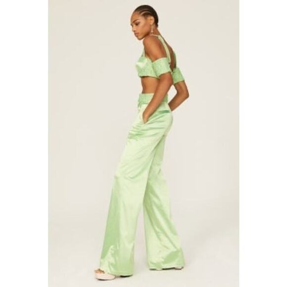 ALIÉTTE Women's Green Satin Front Zipper Closure Retro Wide Leg Pants Size 4 - Picture 2 of 16